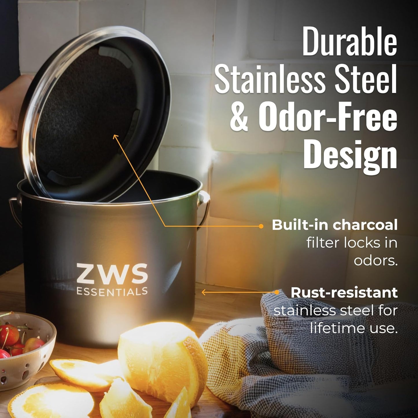 Black Stainless Steel Compost Bin | 6.5L Odor-Free Kitchen Countertop Food Scrap Pail with Charcoal