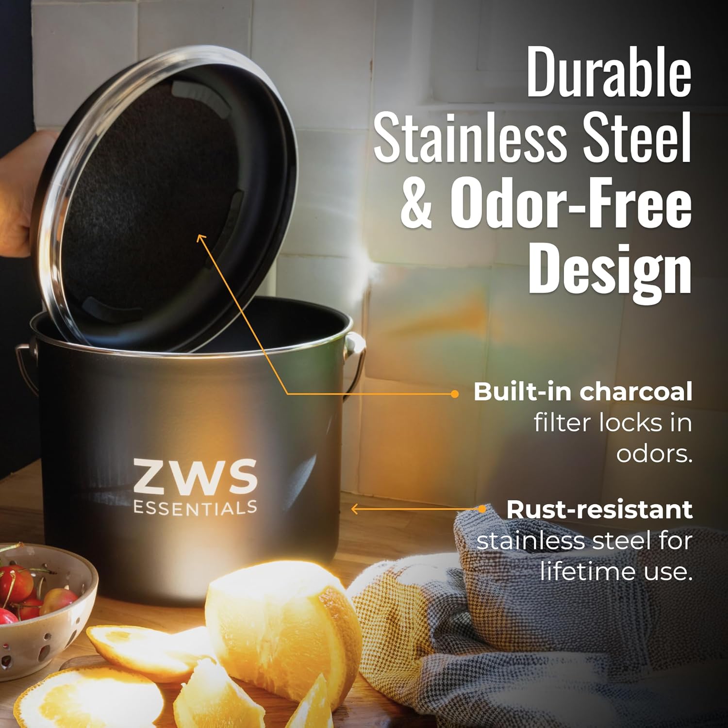 Black Stainless Steel Compost Bin | 6.5L Odor-Free Kitchen Countertop Food Scrap Pail with Charcoal