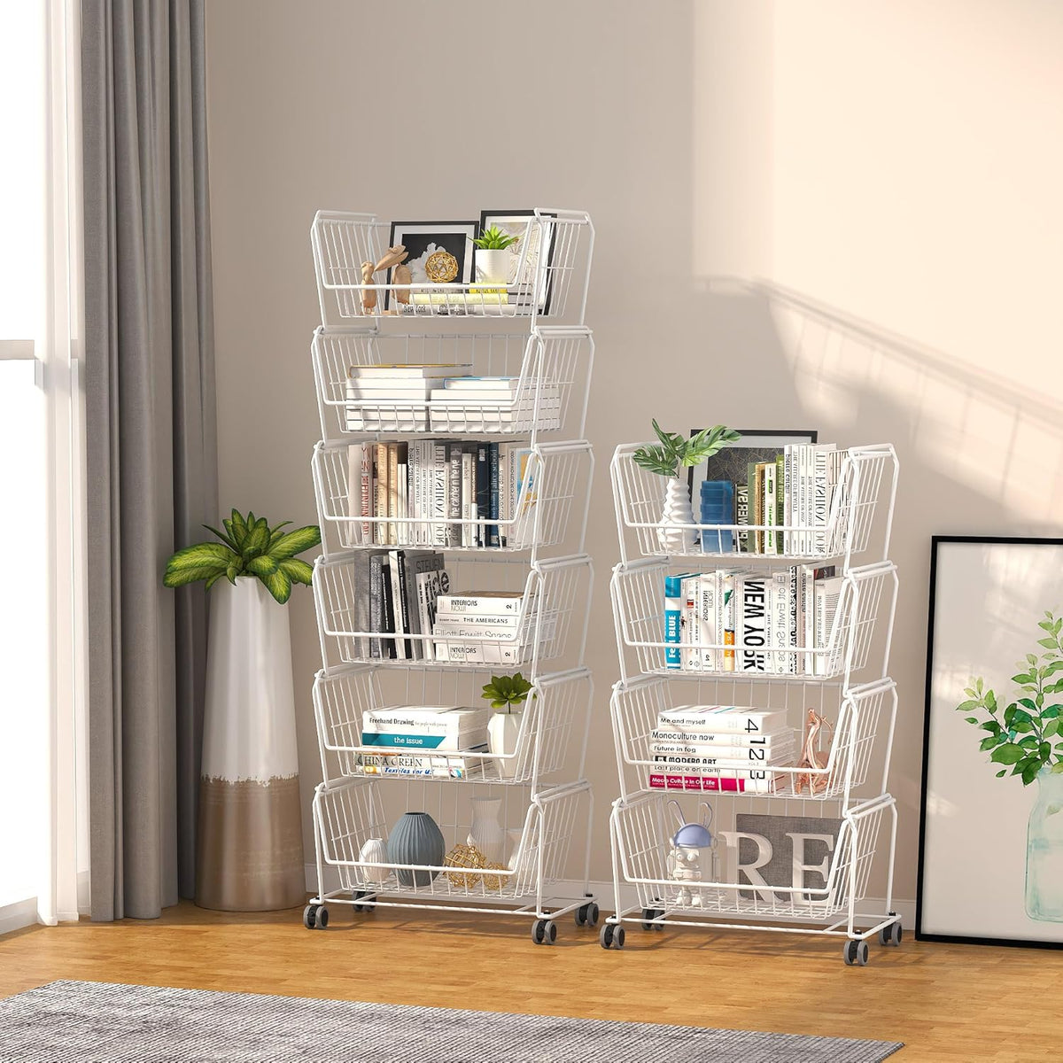 PUSDON Stackable Metal Storage Carts, Dual Use Shelf for Kitchen Fruit Vegetable Baskets with