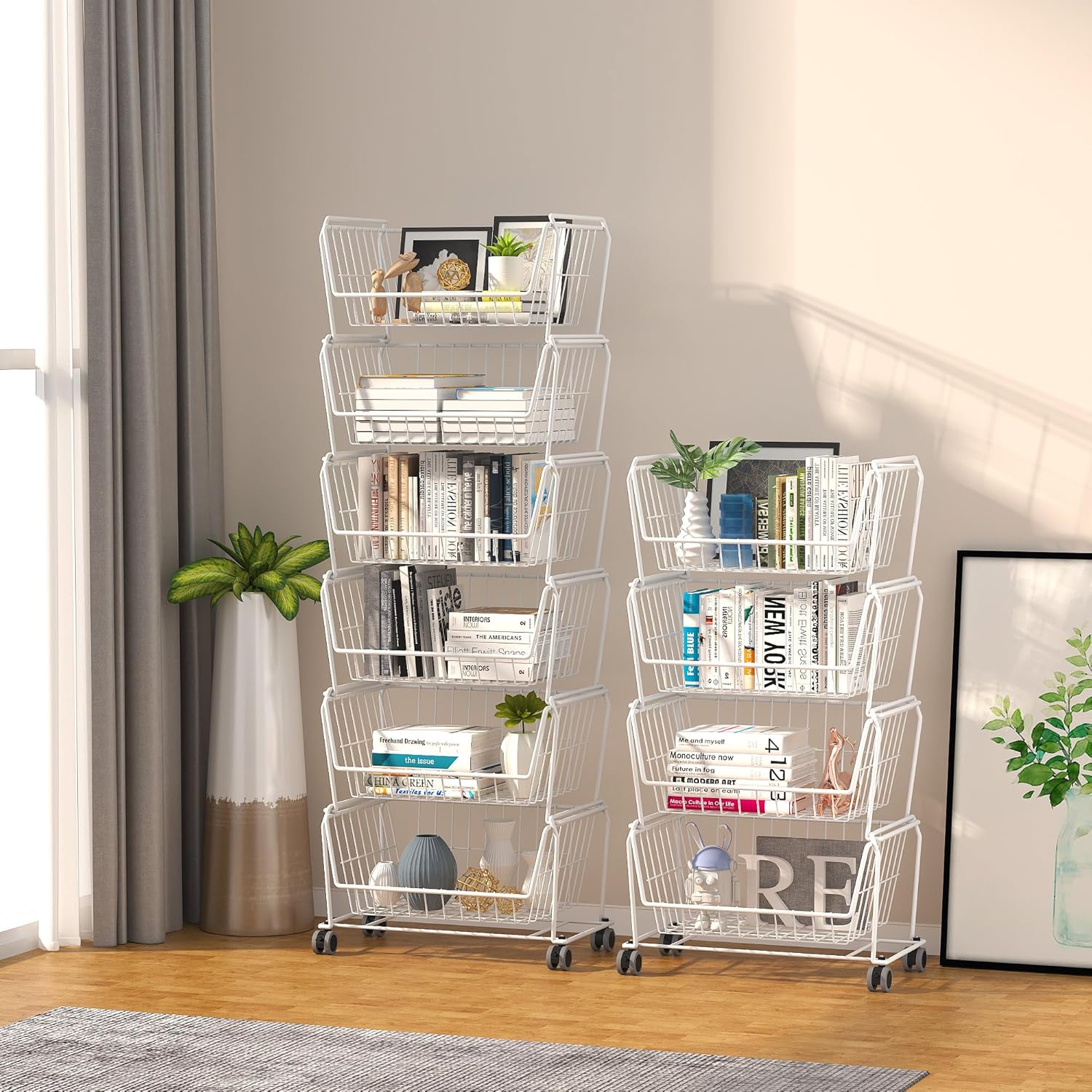 PUSDON Stackable Metal Storage Carts, Dual Use Shelf for Kitchen Fruit Vegetable Baskets with