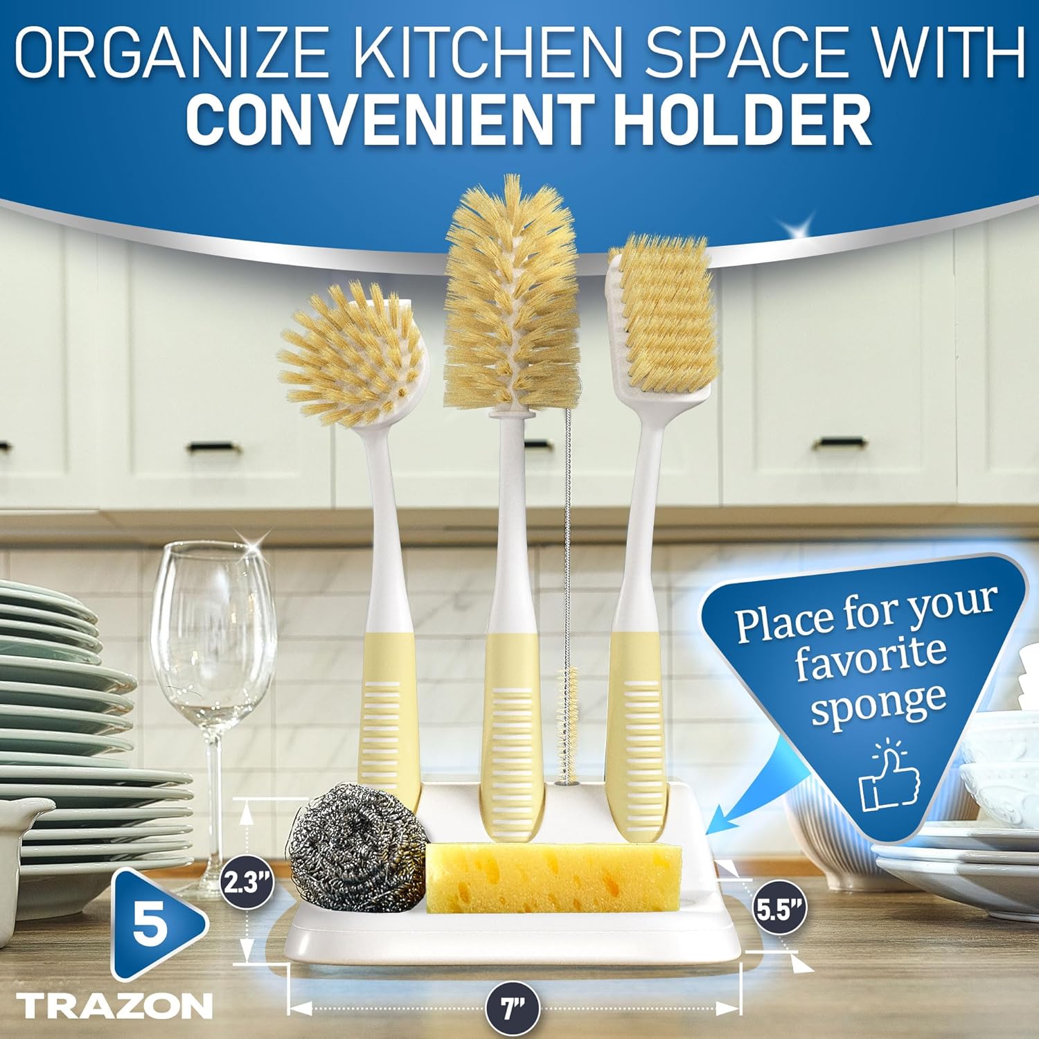 Dish Brush Set of 5 with Holder - Kitchen Scrub Brushes with Non-Slip Long Handle for Cleaning