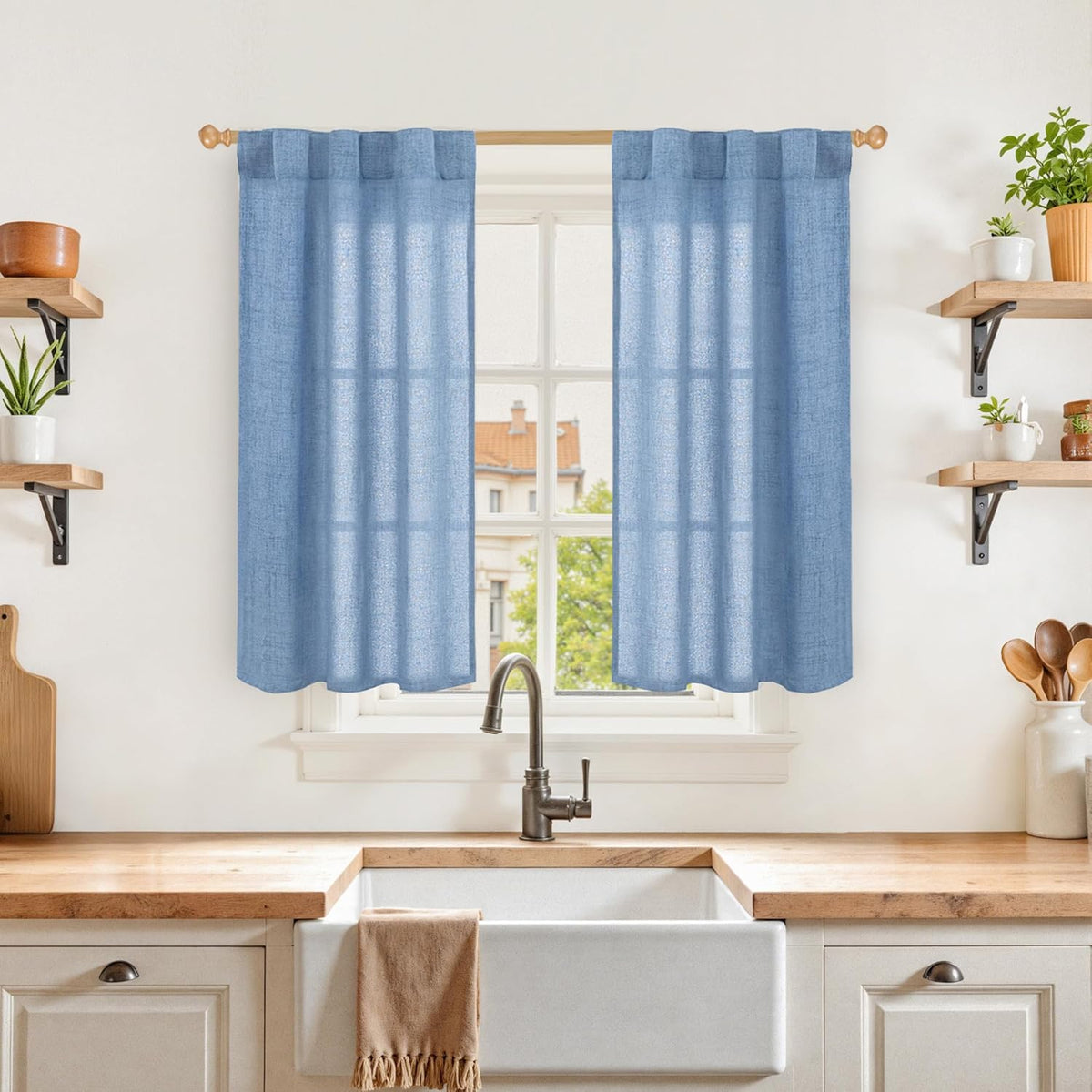 YoungsTex Denim Blue Linen Curtains 40 Inch Length for Bathroom Window, Small Drapes with Rod