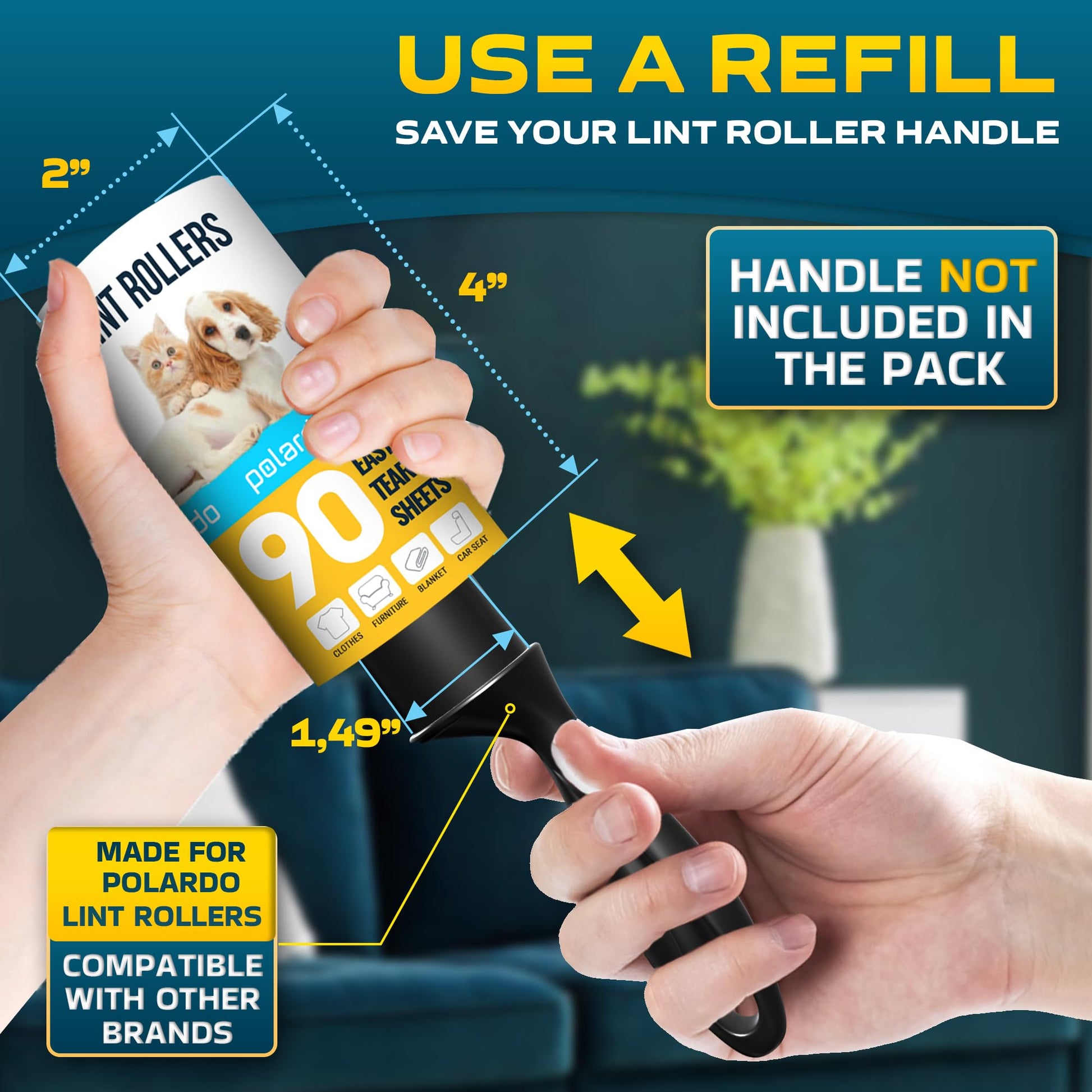Lint Rollers 900 Sticky Sheets, 10 Spare Rollers,10 Pack of Refills Only. Pet Hair Remover for
