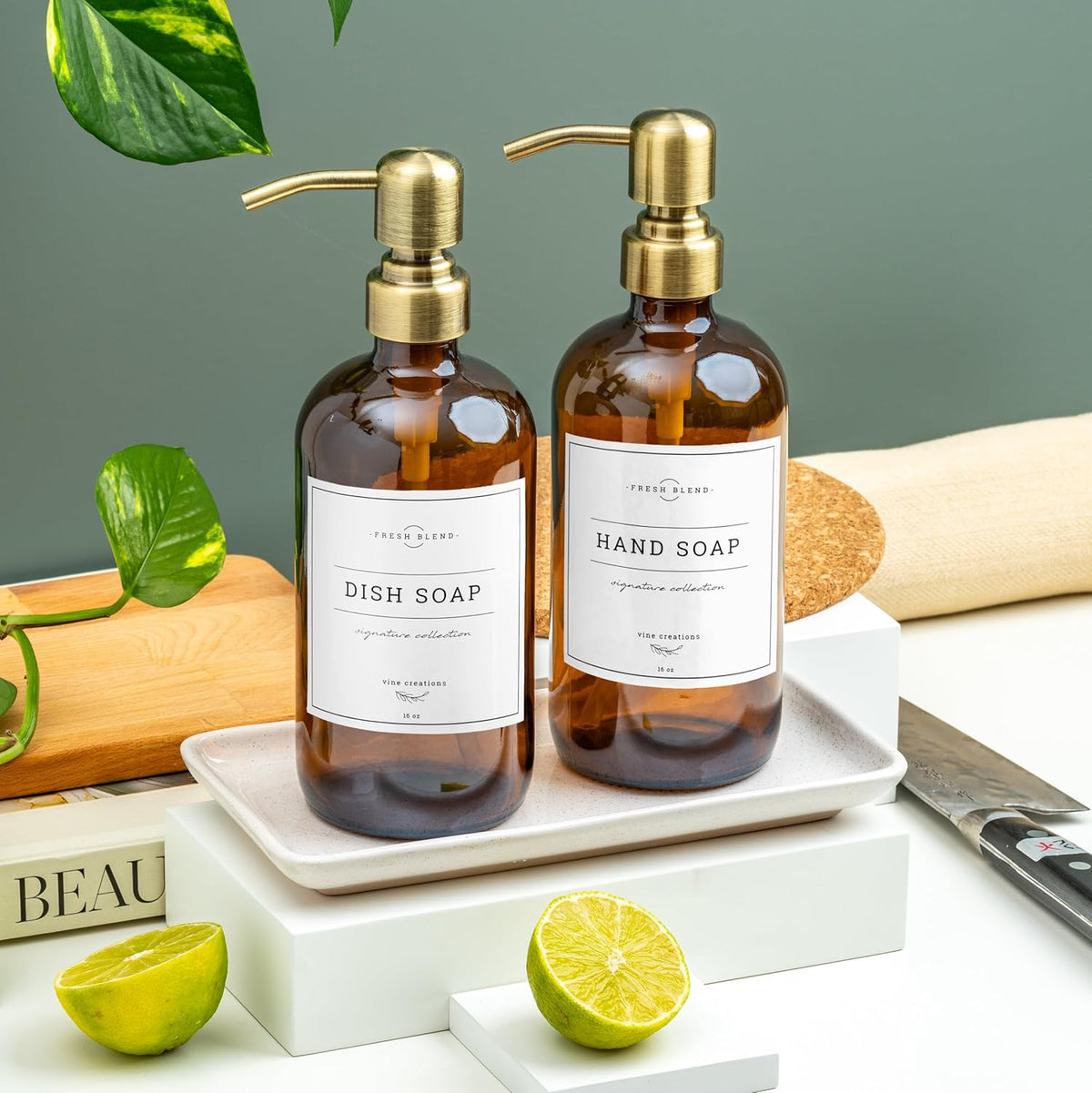 Vine Creations Amber Glass Soap Dispenser, 2 Pack Kitchen Soap Dispenser Set with Ceramic Tray