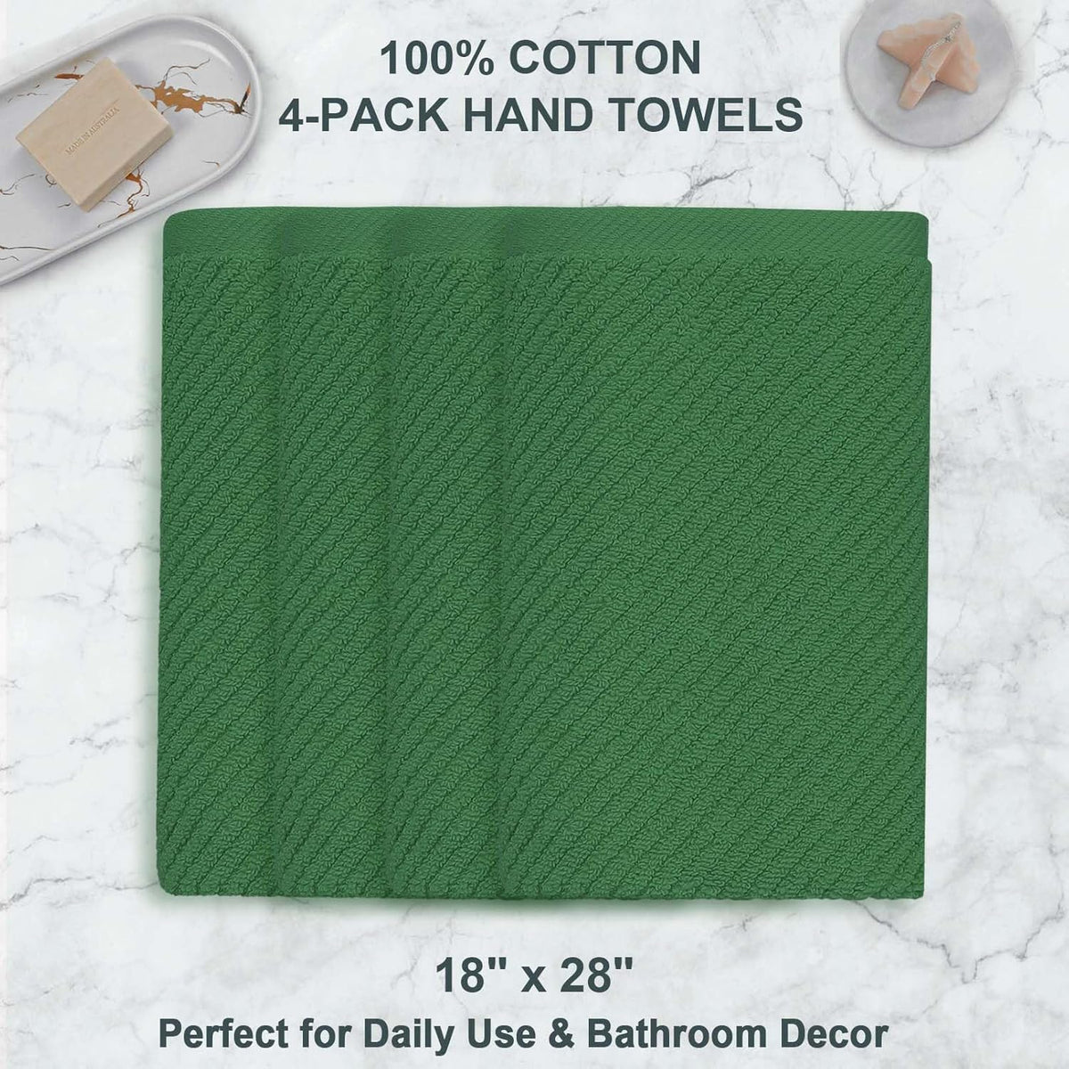 Green Hand Towels for Bathroom (4PC, Large 18"x28") - 100% Cotton | Quick Dry | Light Weight |