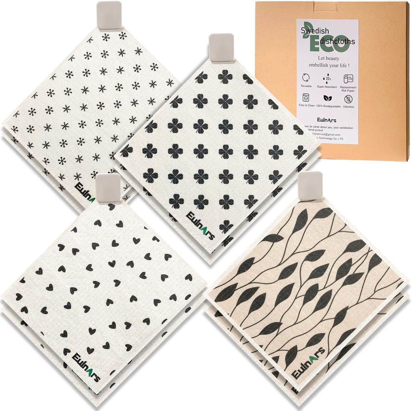 Reusable Paper Towels, 8-Pack Swedish Dishcloths for Kitchen with 3 Clips, Black White, Cotton, 200