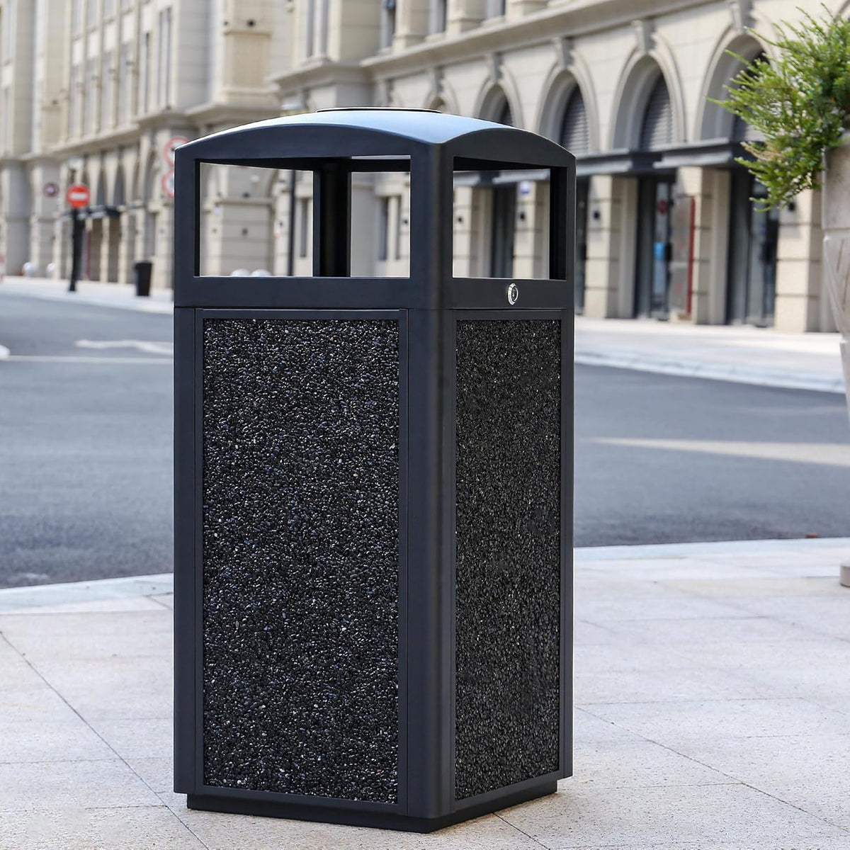 Commercial Metal Outdoor Trash Can with Lid, Lockable Outdoor Garbage Can with Nature Stone Panels