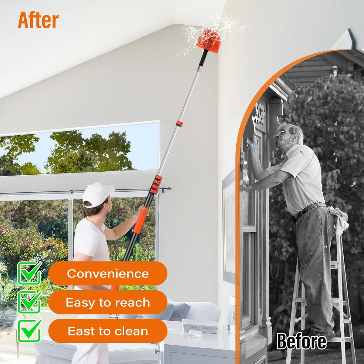 30FT Reach Cobweb Duster with Extension Pole,Spider Web Brush for Cleaning with 5-24FT Telescoping