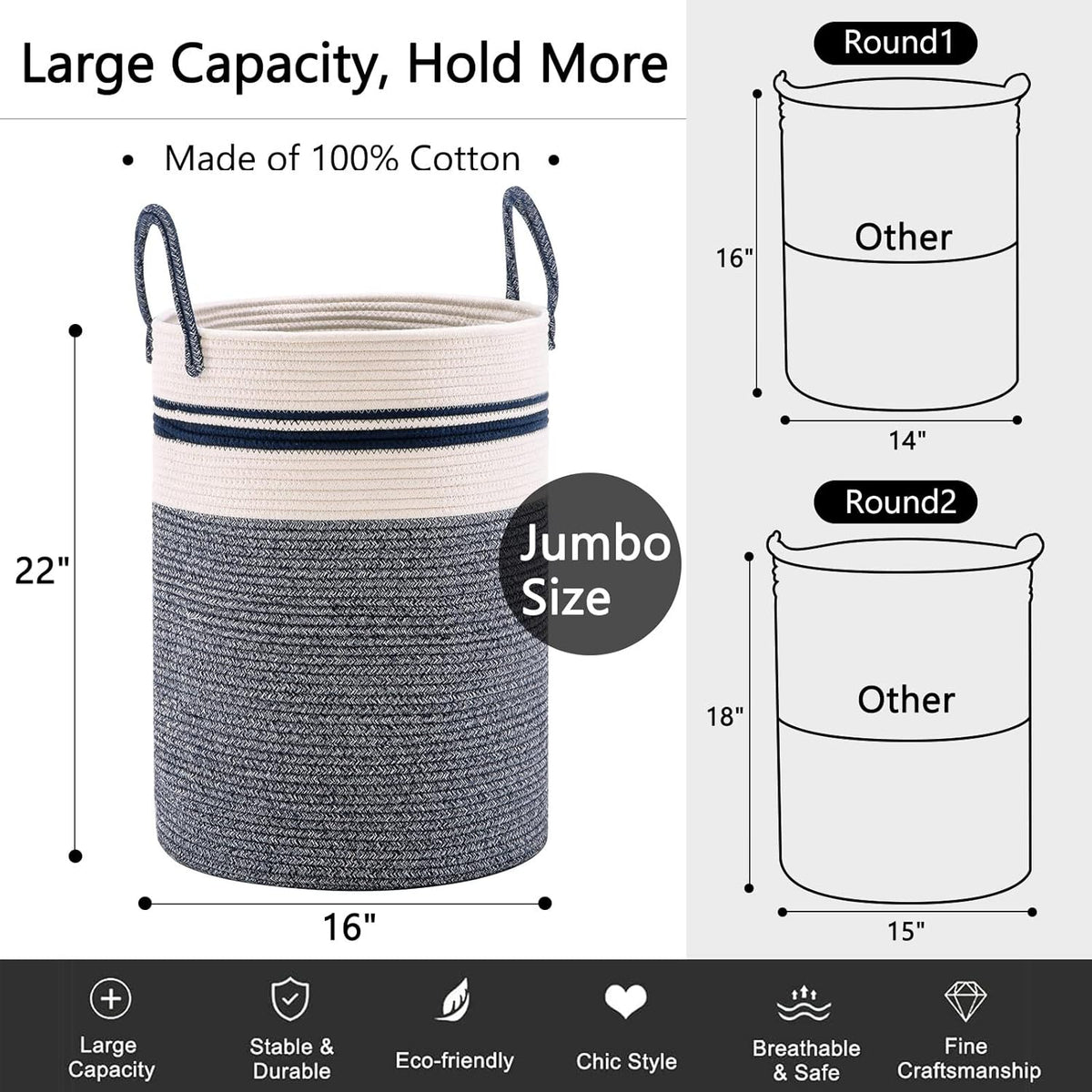 YOUDENOVA Woven Rope Laundry Hamper Basket, 72L Tall Laundry Basket, Baby Nursery Hamper for