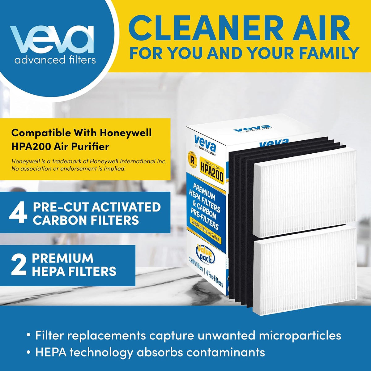 HPA200 Replacement Filters for Honeywell Air Purifier - 2 HEPA Filters w/ 4 Carbon Pre-Filters