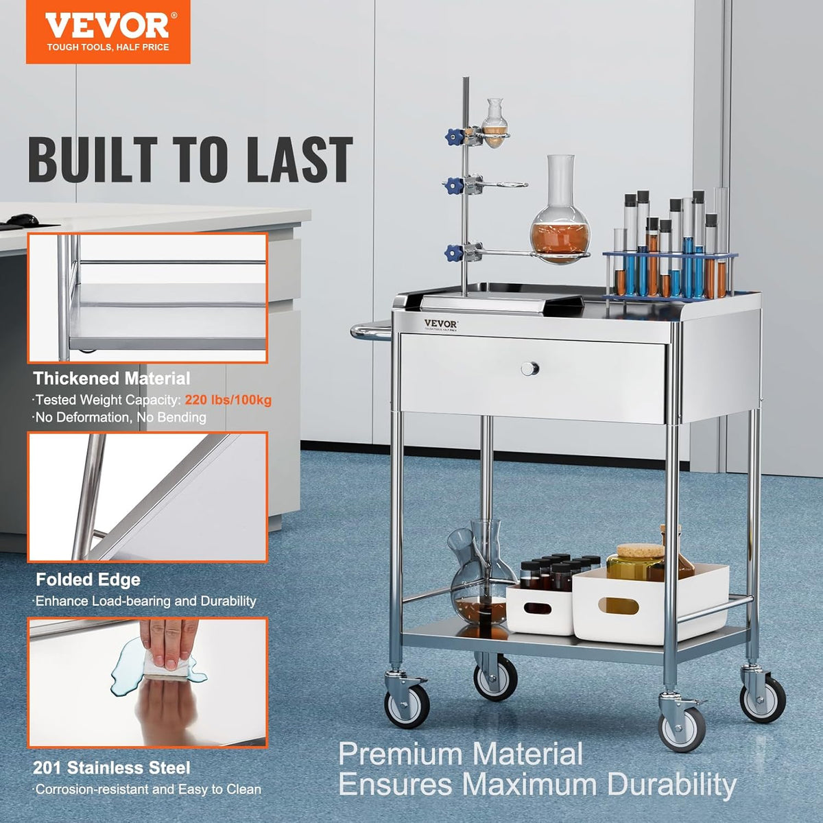 VEVOR Medical Cart, 2-Layer Stainless Steel Cart 220 lbs Weight Capacity, Lab Utility Cart with