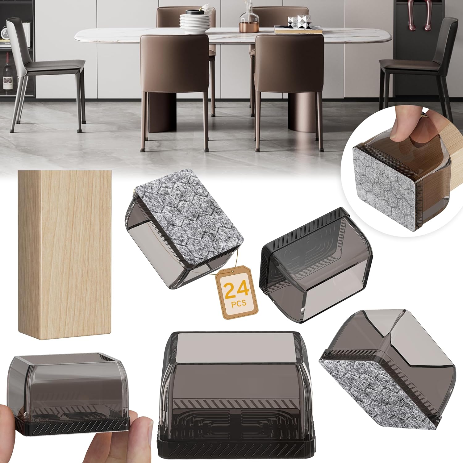 24PCS Rectangular Chair Leg Floor Protectors, Furniture Sliders, Non-Slip Felt Furniture Pads for