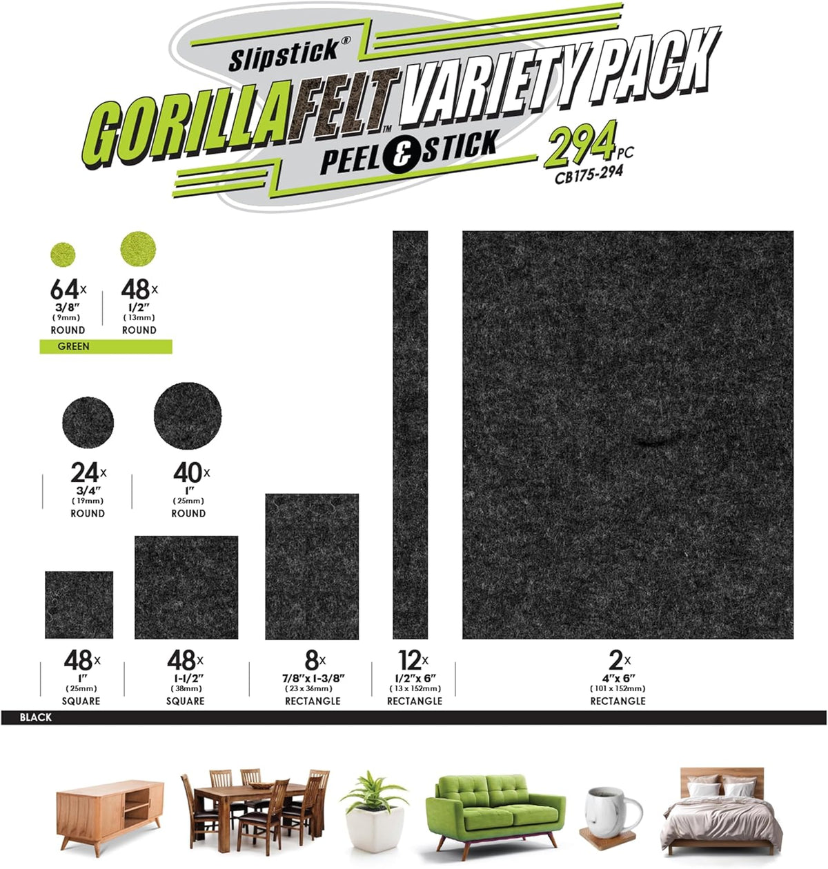 Slipstick Gorilla Felt Furniture Pads (294 Piece Variety Pack) Premium Furniture Pads & Chair Leg