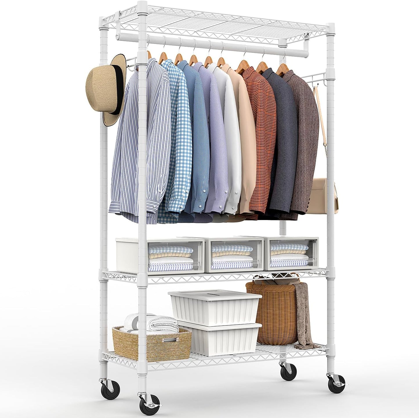 Heavy Duty Rolling Garment Rack 3 Tiers Adjustable Wire Shelving Clothes Rack with Rods and Side