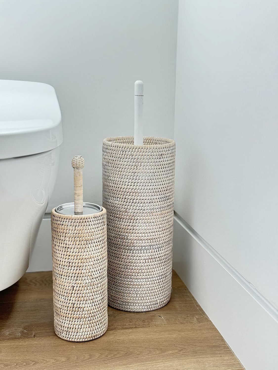 La Jolla Decorative Rattan Toilet Brush Set White Wash Handwoven Toilet Brush and Holder with