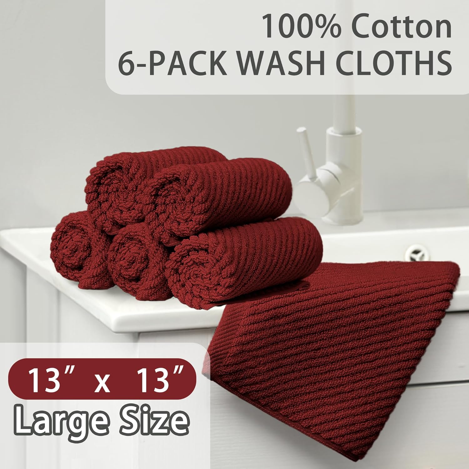VOOVA & MOVAS Red Washcloths, 6PC 13"x13" - 100% Cotton | Quick Dry | Lightweight | Thick | Soft |