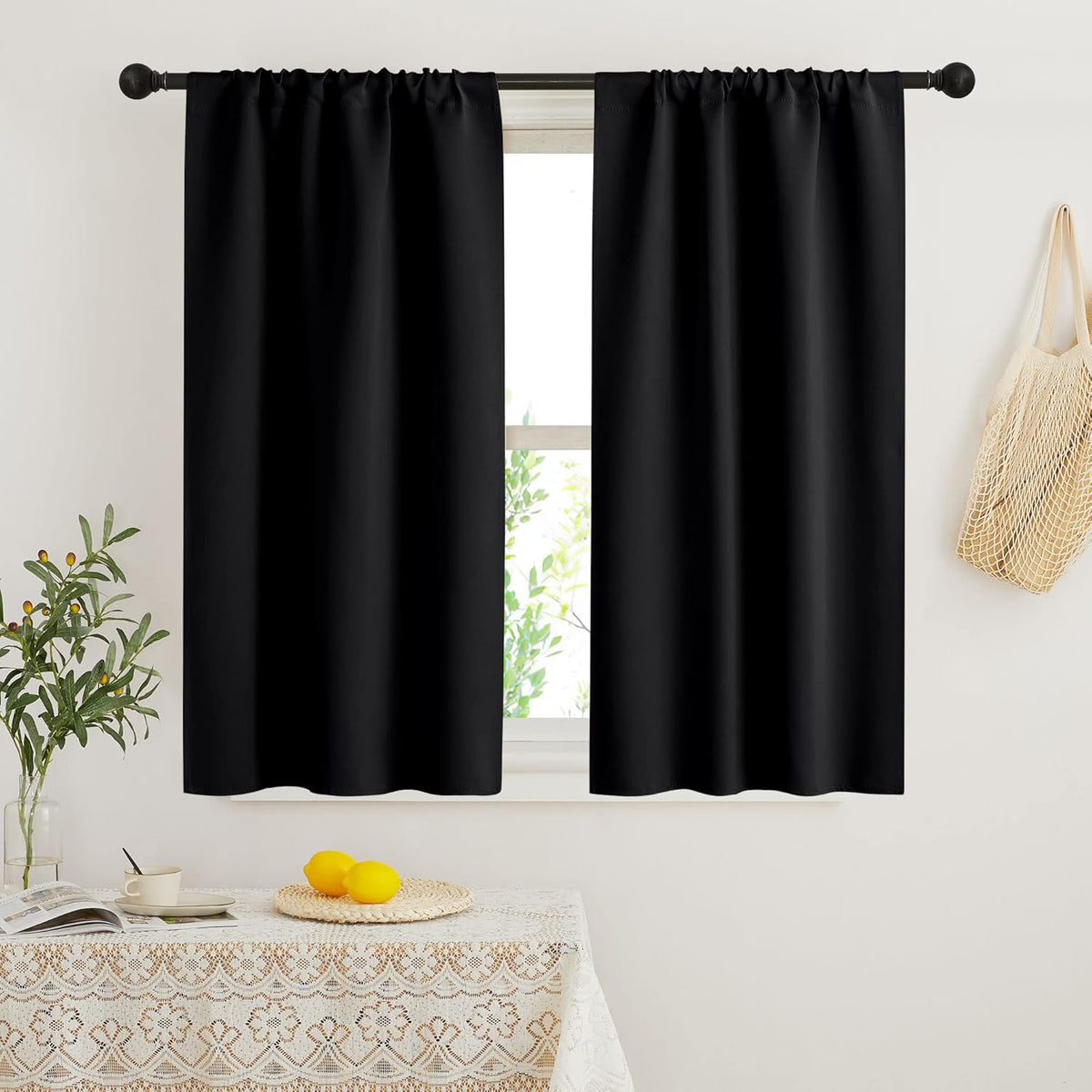 RYB HOME Black Short Curtains Blackout, 45 inch Durable Cafe Curtains Room Darkening Window Drapes