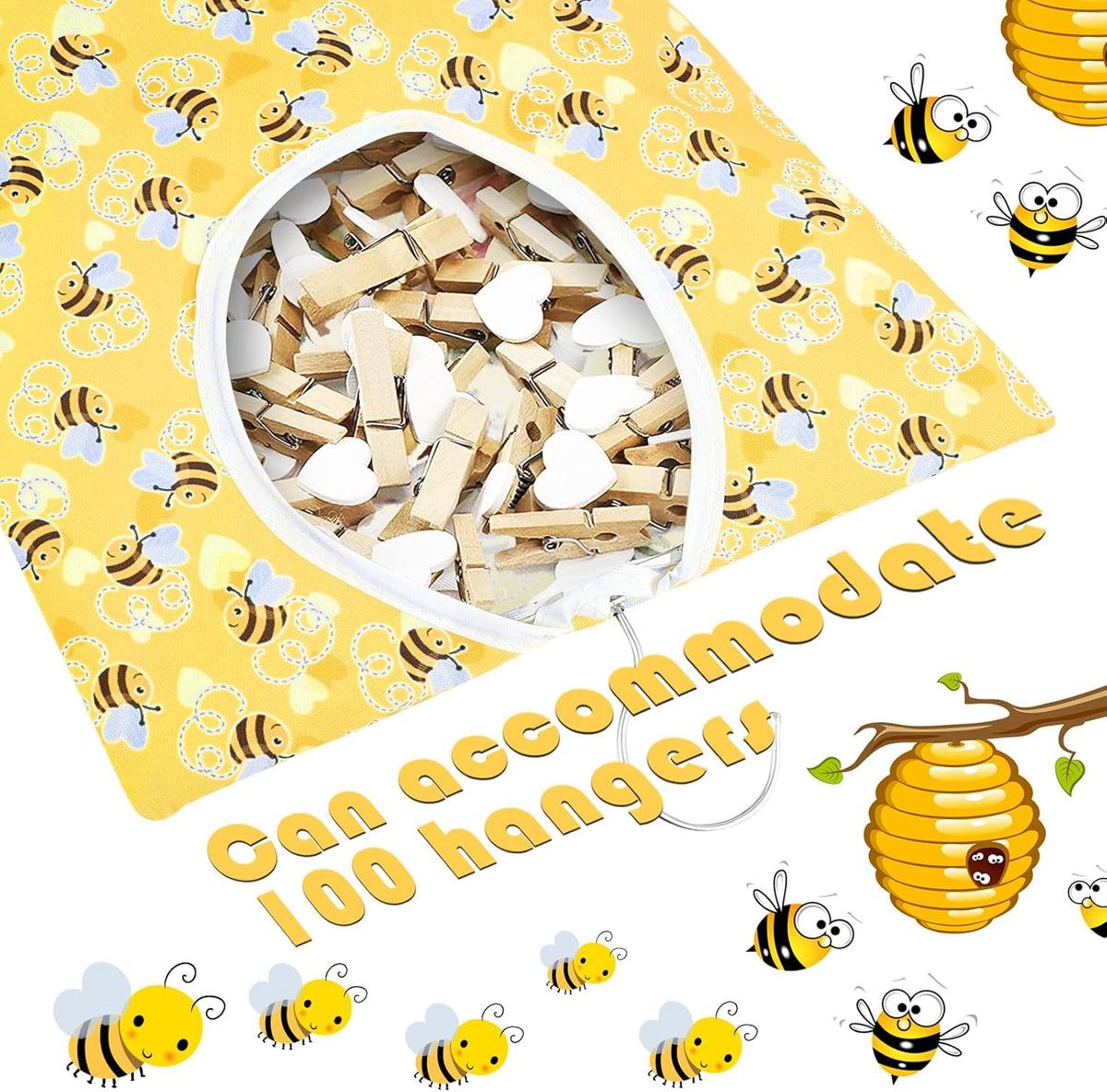 Bee Honeycomb Clothespin Holder - 2 Pcs Bee Clothes Pin Bags - 15 X 11 Inch - Clothes Hanging Bag