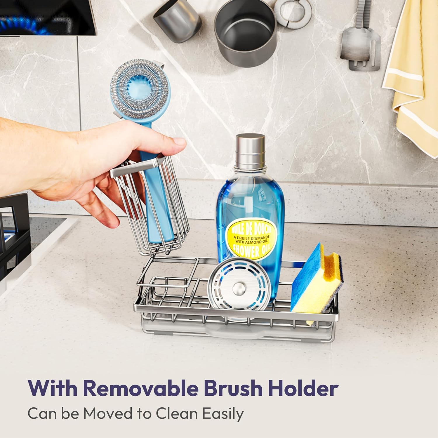 SWTYMIKI Kitchen Sink Caddy Sponge Holder, Kitchen Sink Organzier and Storage with High Brush