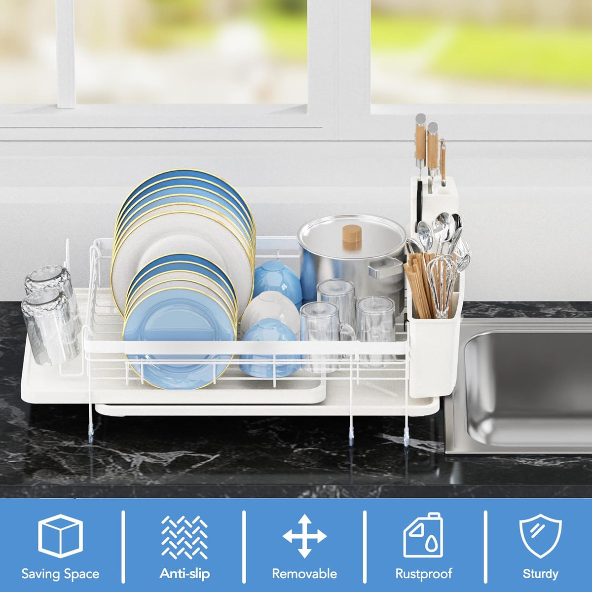 ROTTOGOON Expandable Dish Drying Rack,Multifunctional Adjustable Dish Drainer with Swivel Spout and