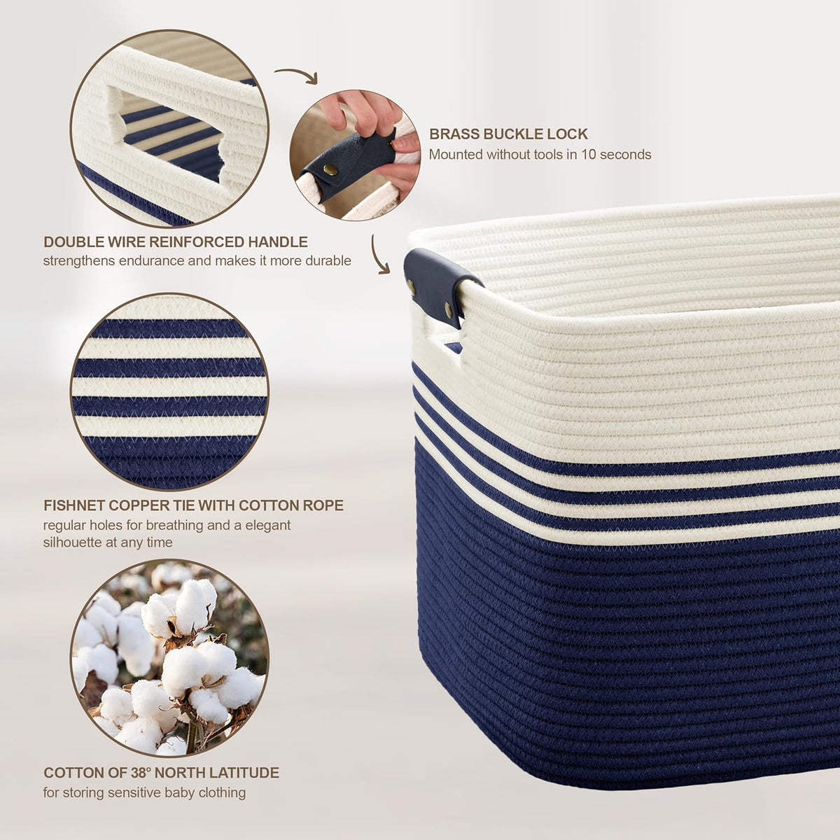 72L Large Laundry Basket with Leather Handles for Living Room Storage, Woven Rope Baskets Bin for