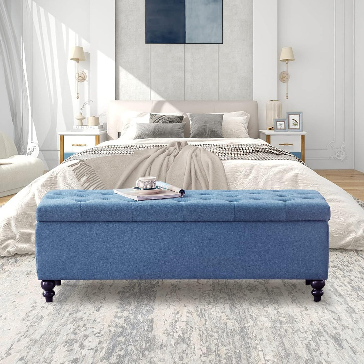 Storage Ottoman 50.2 Inches Upholstered Fabric Storage Ottoman Bench，Button Tufted Ottoman with