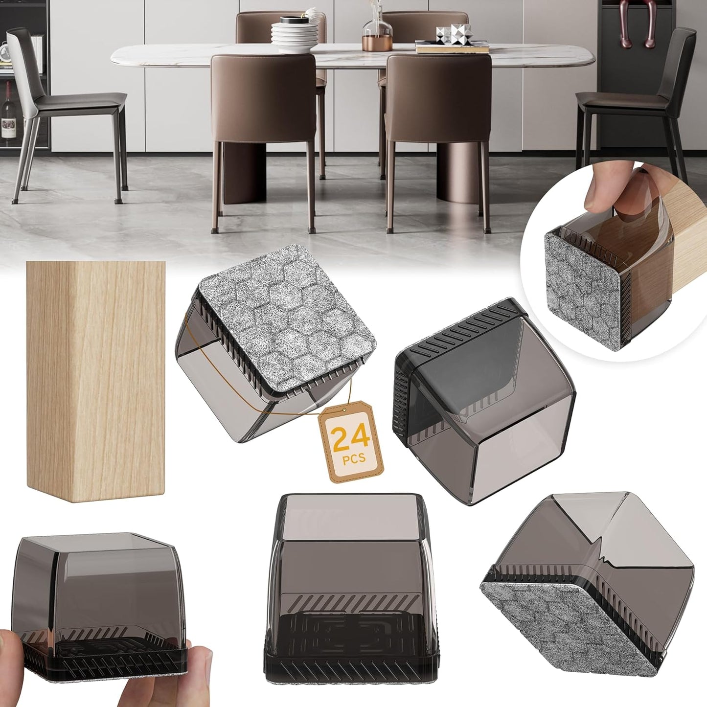 24PCS Square Chair Leg Floor Protectors, Furniture Sliders, Chair Leg Protectors for Hardwood