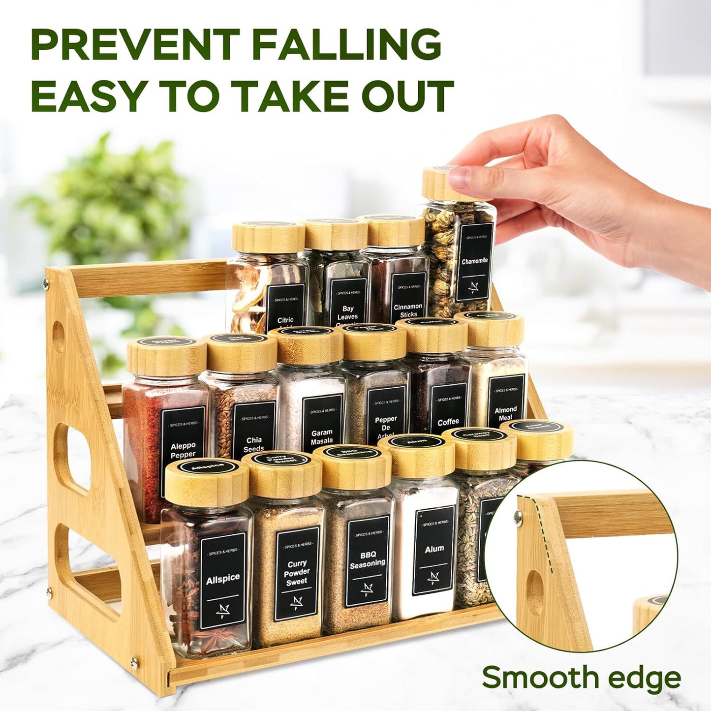 3 Tier Bamboo Spice Rack Organizer with 18 Spice Jars, 780 Labels, Wood Shelf, Chalk Marker and