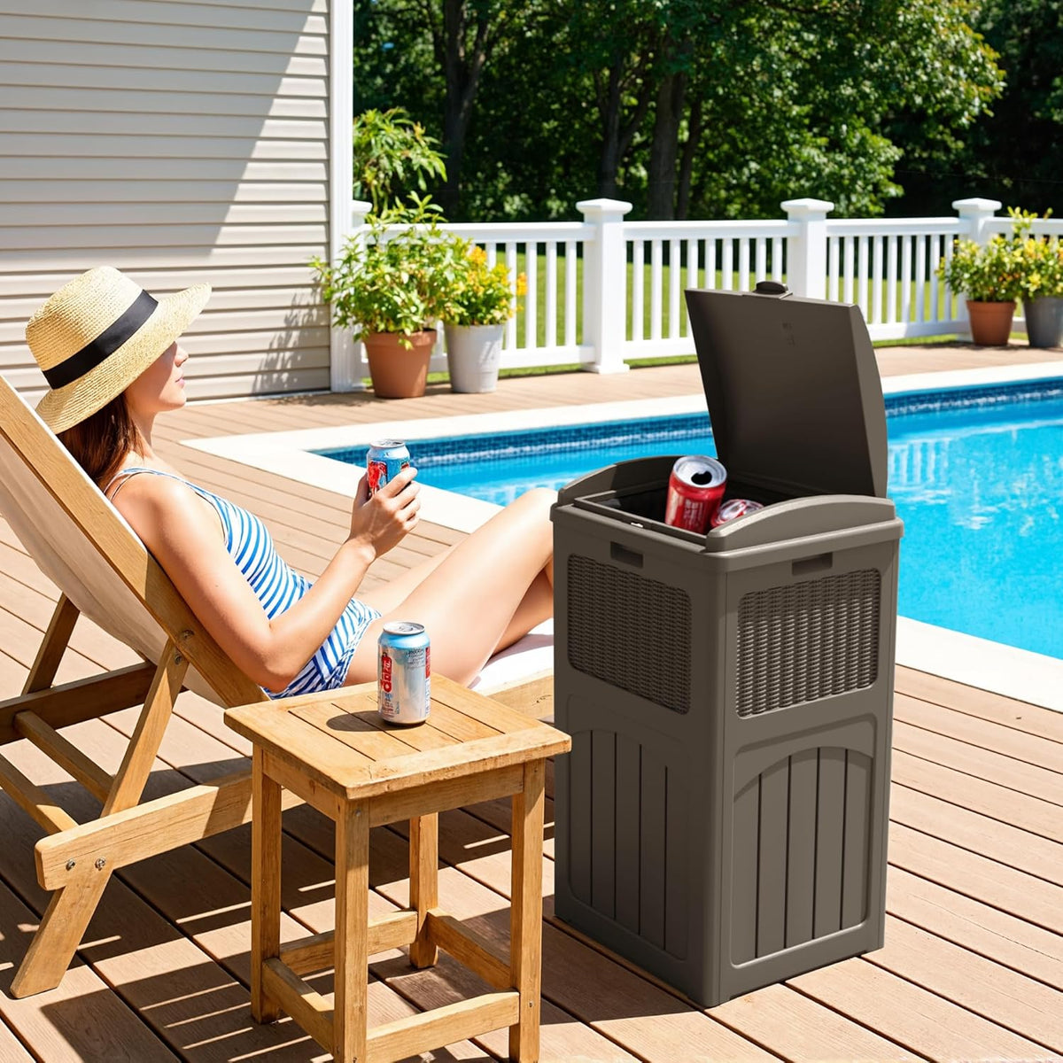 Greesum 33 Gallon Outdoor Trash Can with Lid, Waterproof Resin Garbage Bin for Hideaway, Deck