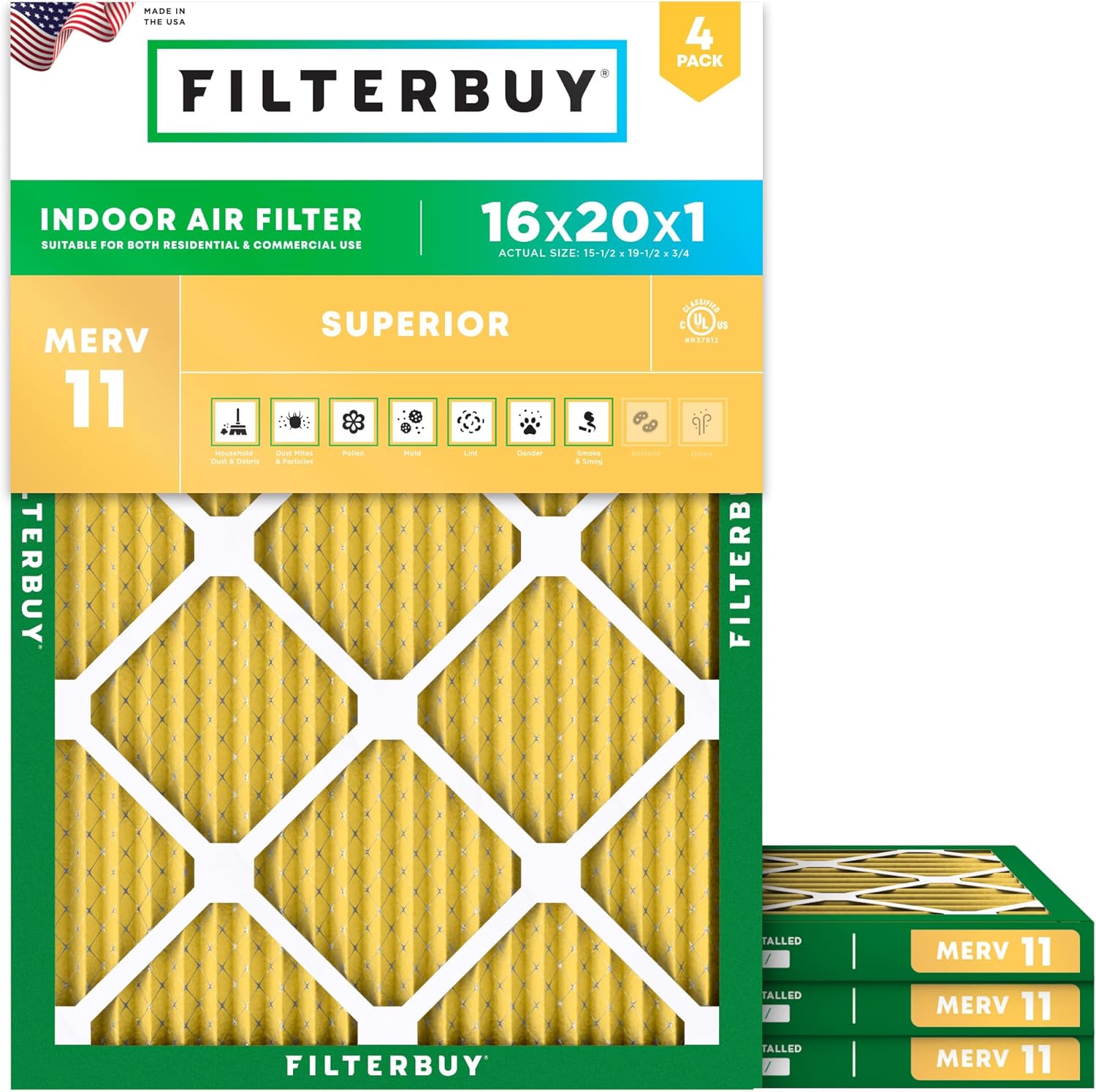 Filterbuy 16x20x1 Air Filter MERV 11 (MPR 1200) Allergen Defense Replacement (4-Pack)