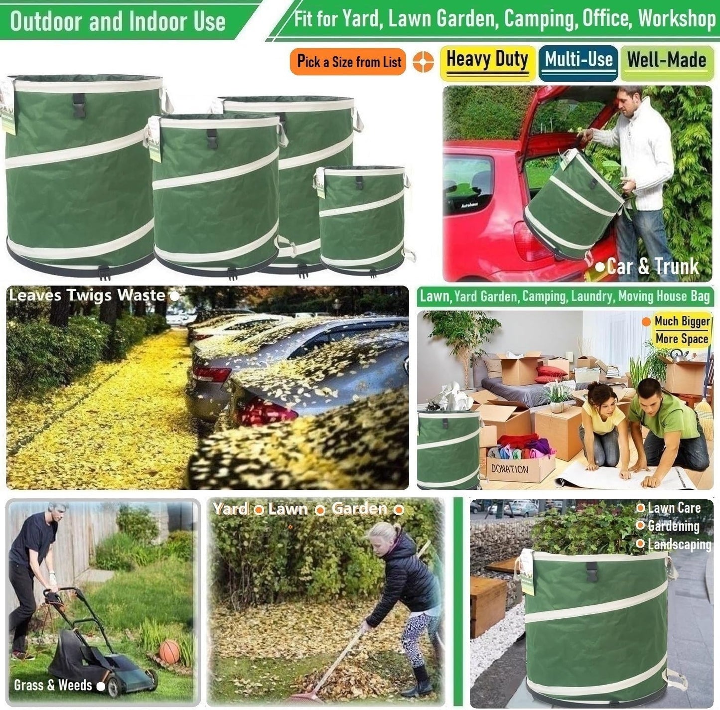 46-Gallon Collapsible Trash Can (22x28 in) Hard-Shell Bottom Yard Garden Bag for Yard Waste,Debris