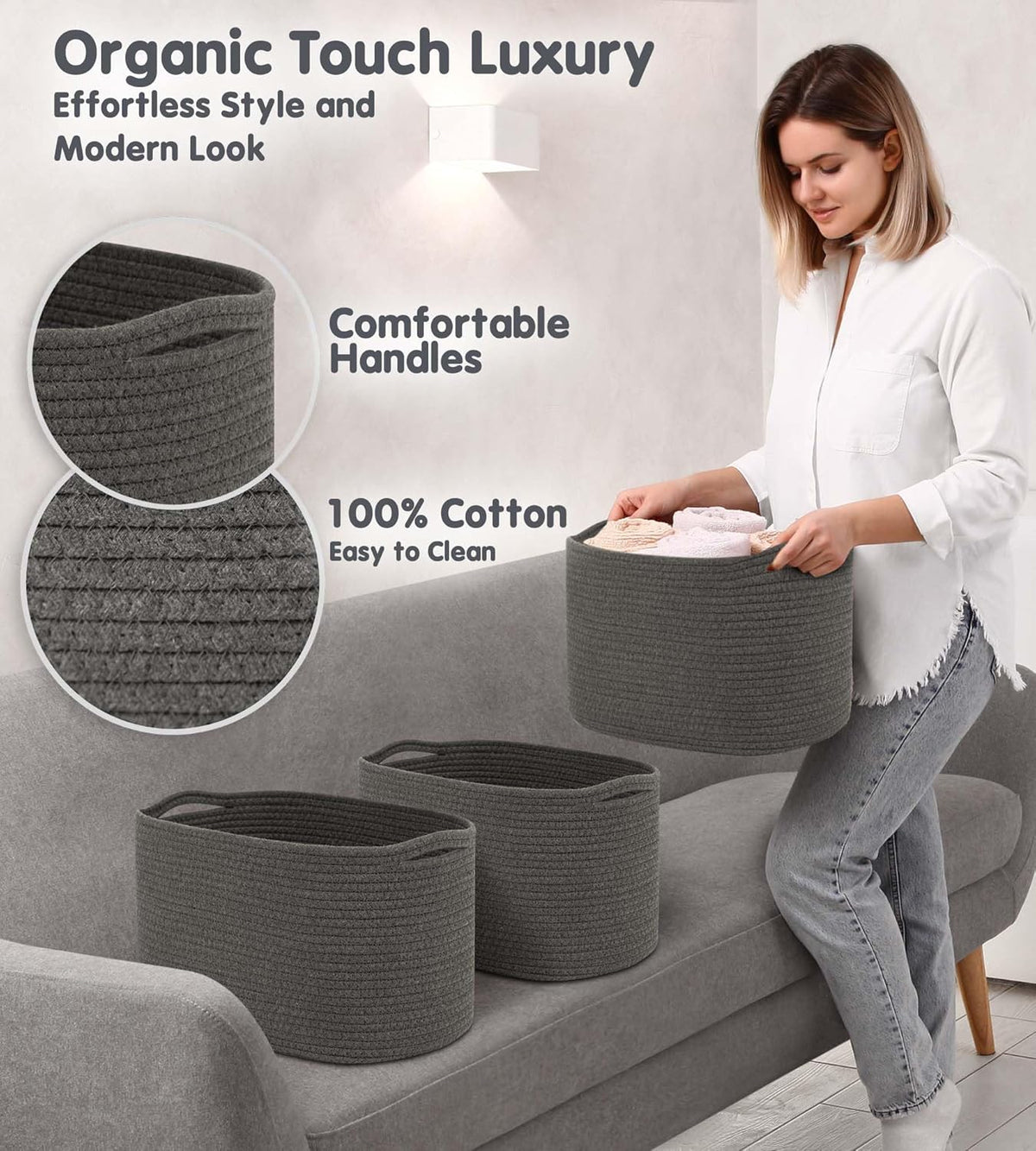 CHAT BLANC Cotton Rope Baskets for Organizing | Storage Baskets for Shelves | Rope Basket for