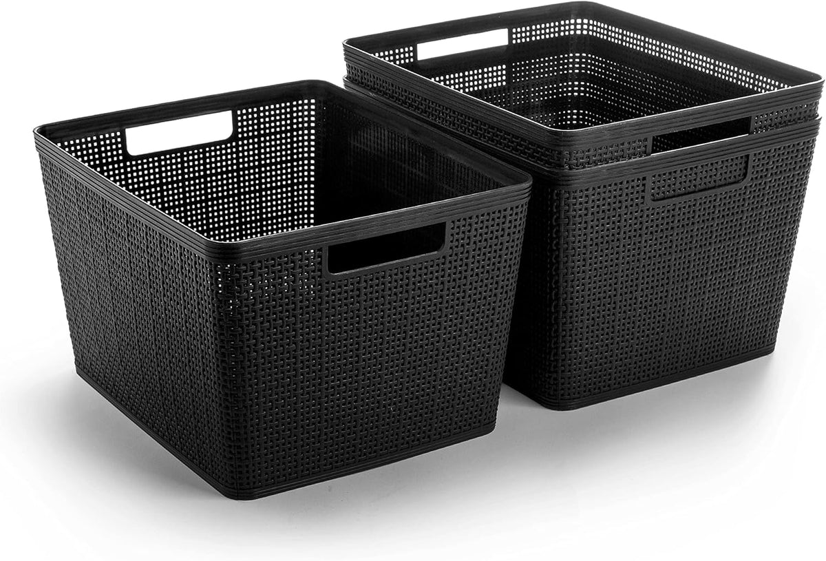 BINO | Woven Plastic Basket | Large (Black), 3-Pack | THE JUTE COLLECTION | Home Organization