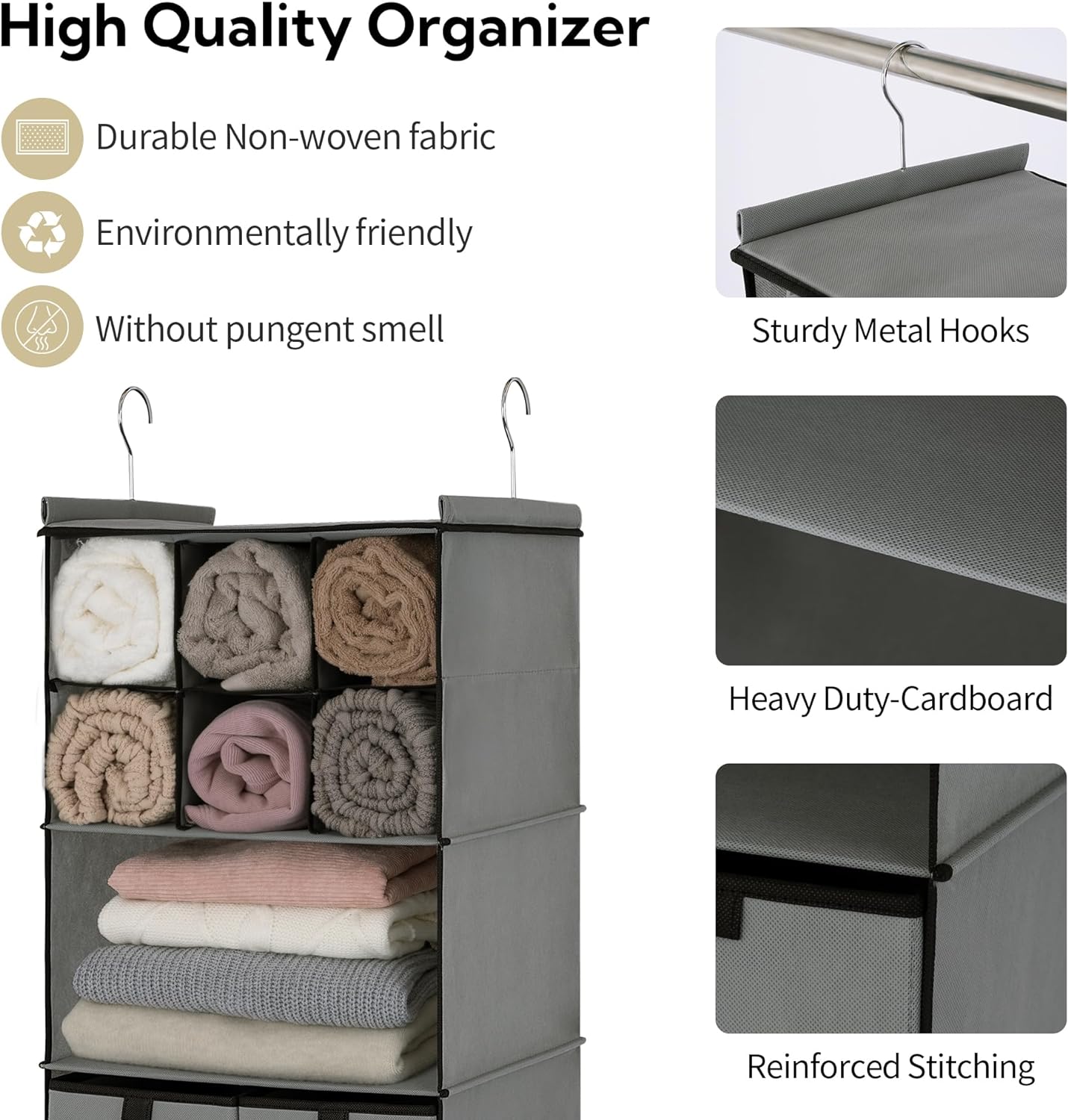 GRANNY SAYS Hanging Closet Organizer with Drawers, 4 Shelf Dividers Closet Hanging Organizer