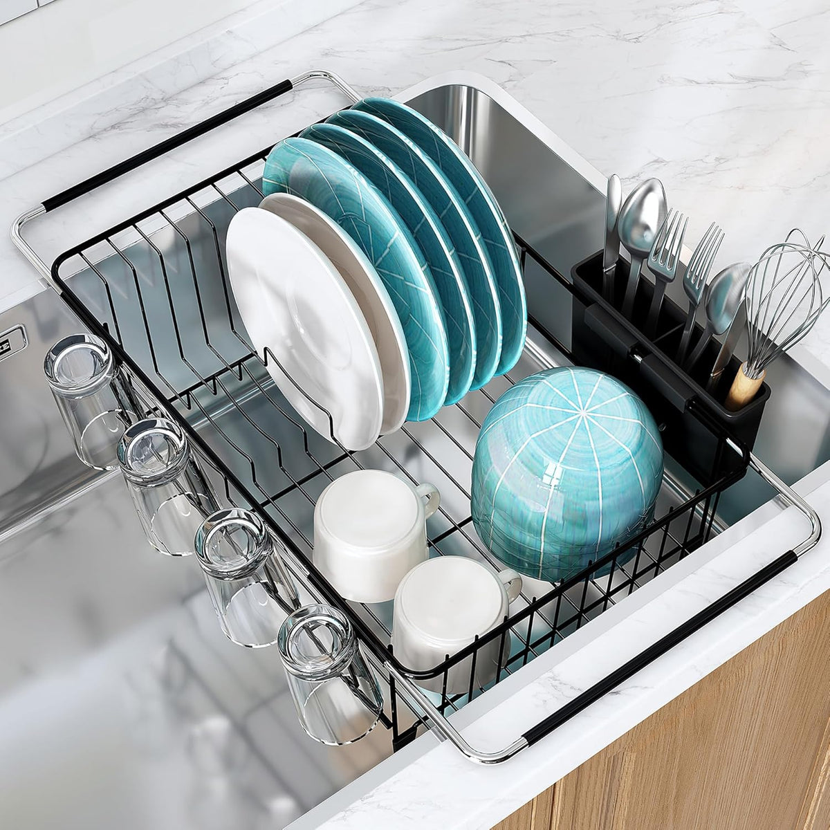 Over The Sink Expandable Dish Drainer Drying Rack in Stainless Steel for Small Kitchen, Counter