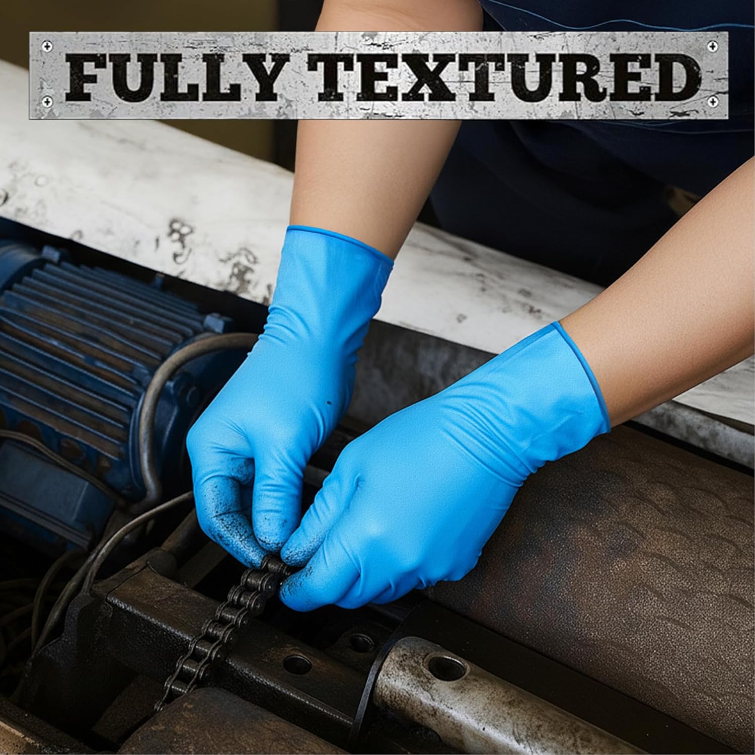 TitanFlex Heavy-Duty Blue Nitrile Gloves, 6-mil, Fully Textured, Mechanic Disposable Gloves