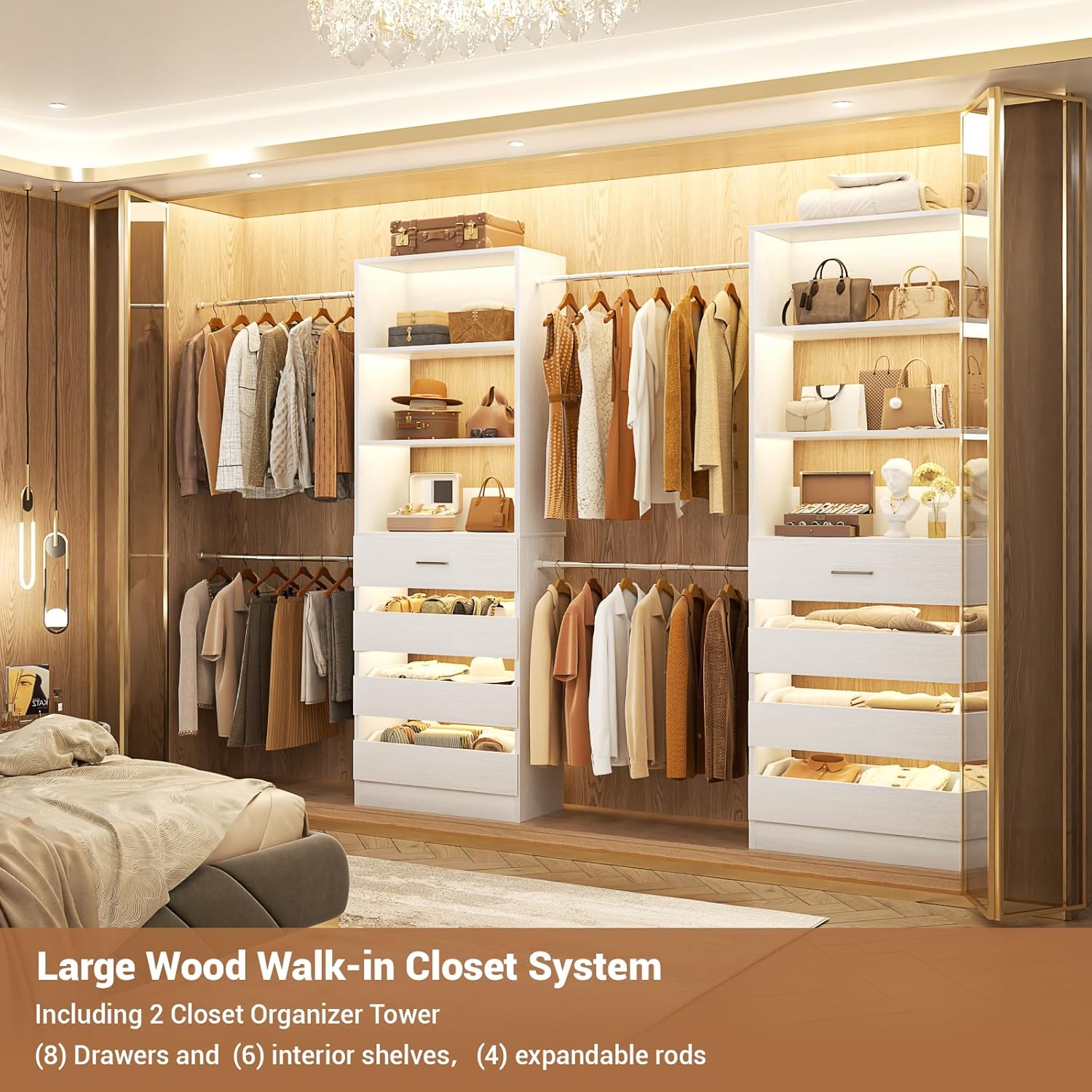 Aheaplus Closet System, 6-15Ft Closet Organizer with 8 Wooden Drawers, Wood Closet Organizer System