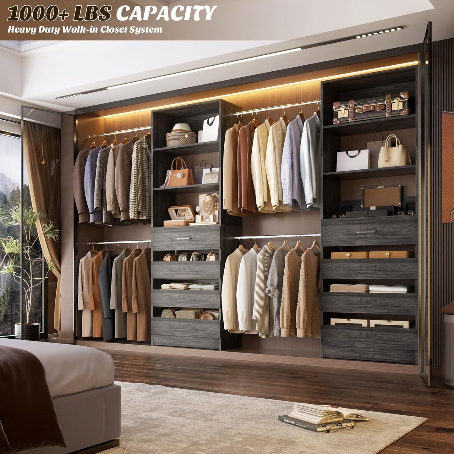 Aheaplus Closet System, 4-9 Ft Closet Organizer with 4 Wooden Drawers, Wood Closet Organizer System