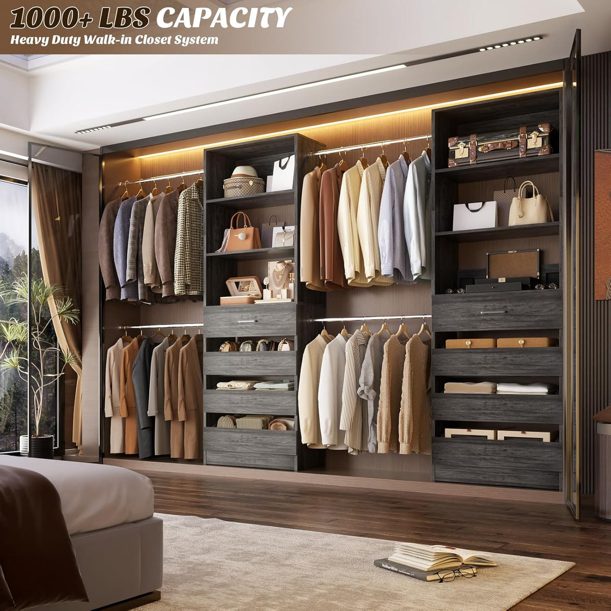 Aheaplus Closet System, 4-9 Ft Closet Organizer with 4 Wooden Drawers, Wood Closet Organizer System
