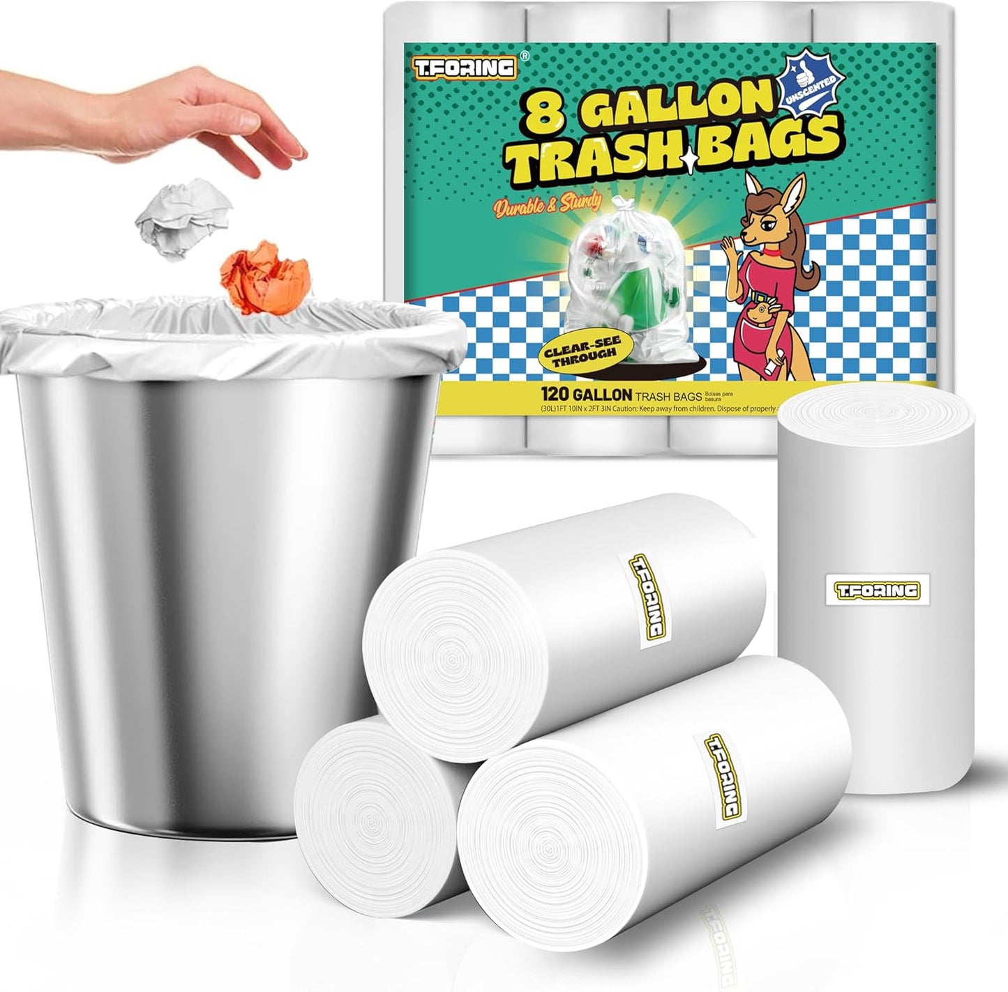 120 Count 8 Gallon Trash Bags Unscented - Thick Clear Medium Garbage bags, 30 Liter Strong Plastic