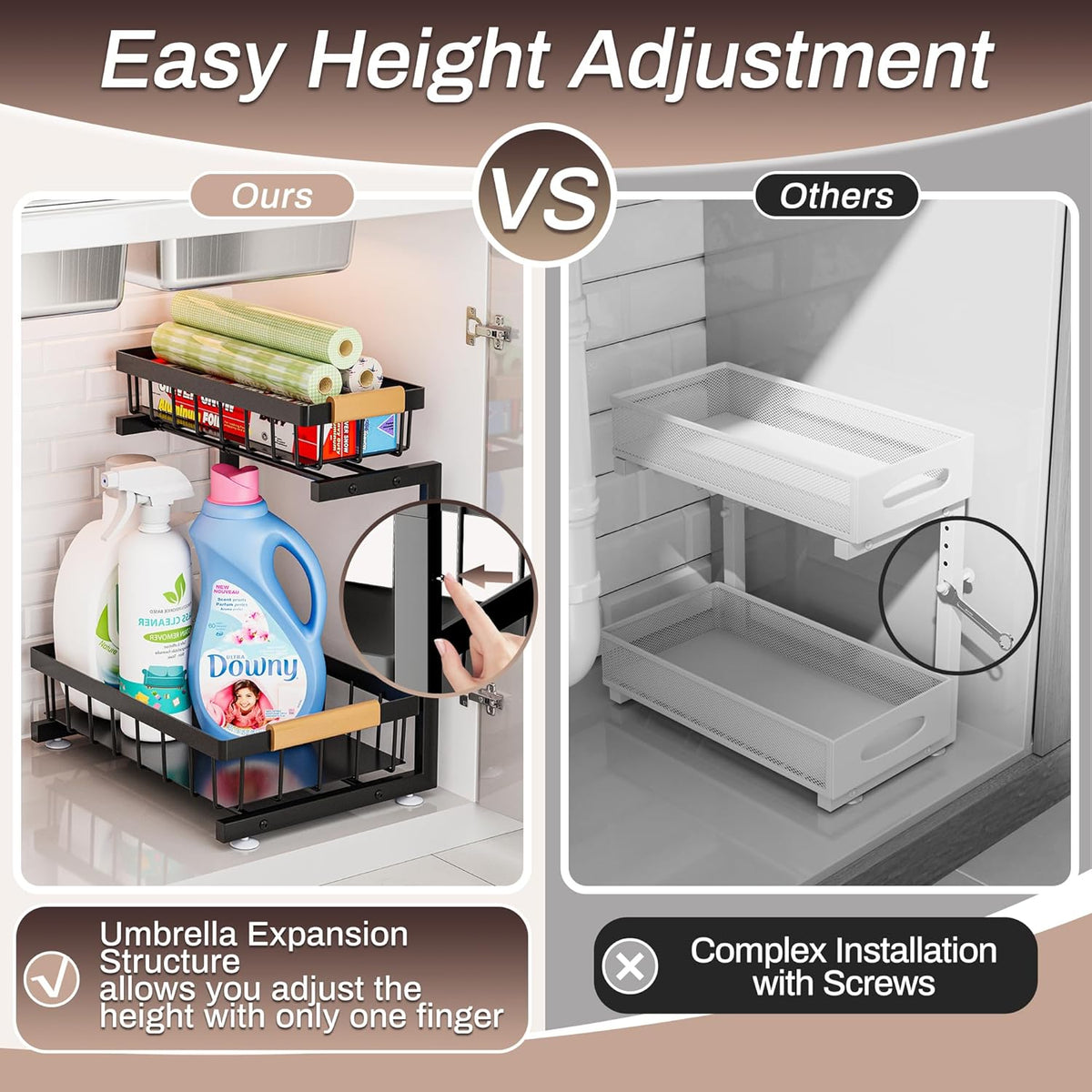ADBIU Under Sink Organizer, 2 Pack 2 Tier Expandable Height (13.2" - 17.2") Pulling Out Kitchen