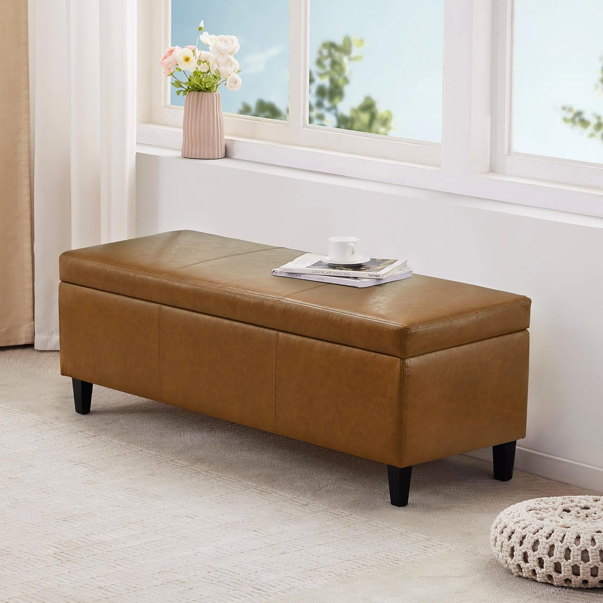HUIMO Faux Leather Storage Ottoman Bench 50.3 Inch Extra Long PU Upholstered Bedroom Bench with