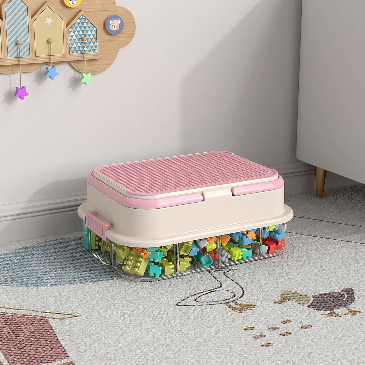 Toy Storage Organizer Box with Handle, Stackable Building Block Toy Box with Building Plate Lid &