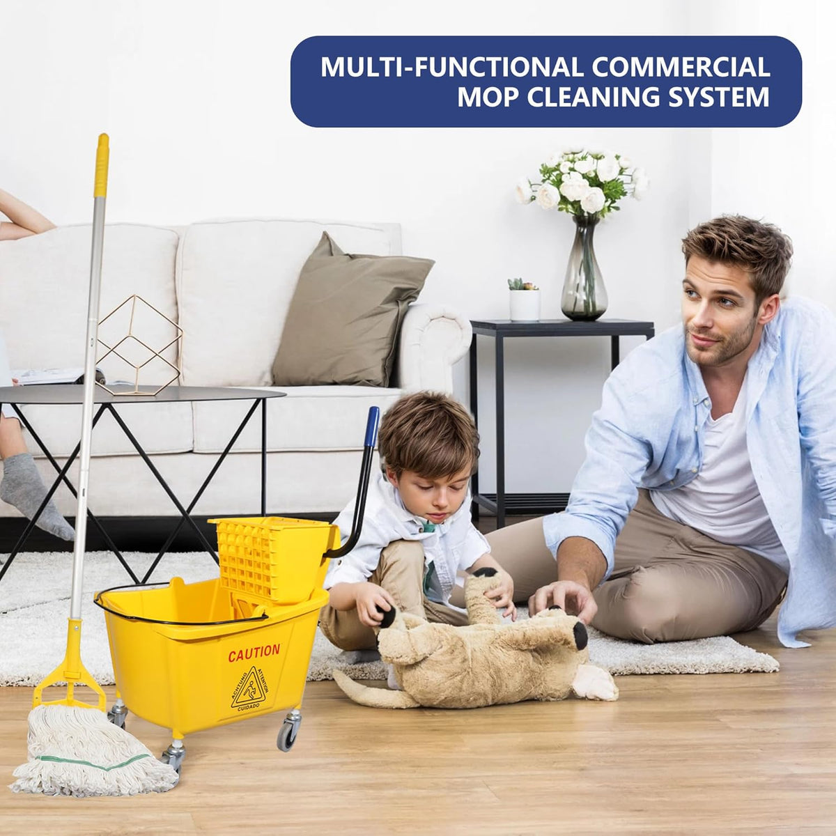35Qt. Side-Press Mop Bucket and Wringer Combo on Wheels, Yellow, for Floor Cleaning/Wet