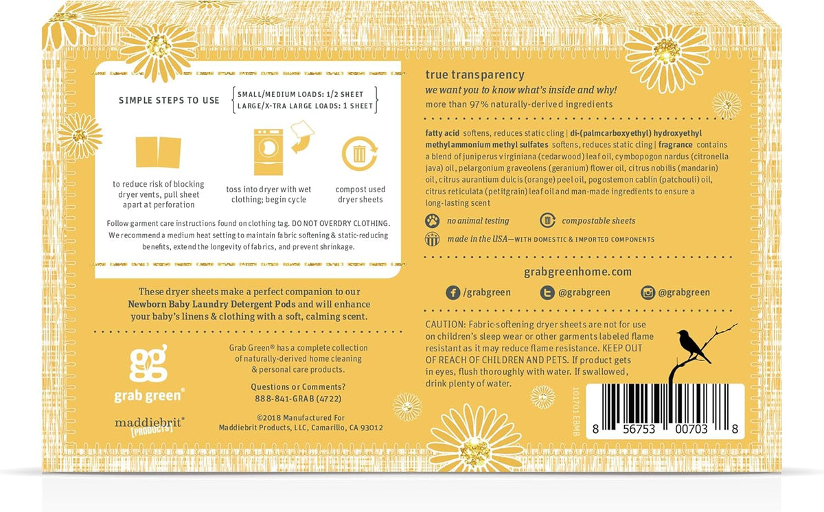 Grab Green Newborn Baby Dryer Sheets, 40 Sheets, Chamomile Scent, Plant and Mineral Based