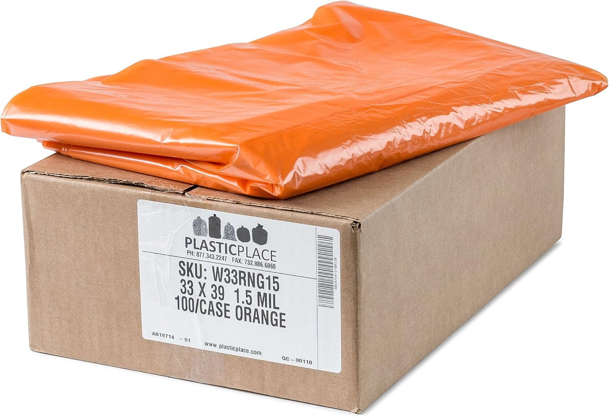 Plasticplace 32-33 Gallon Trash Bags │ 1.5 Mil │ Orange Garbage Can Liners │ 33’” x 39” (100 Count)
