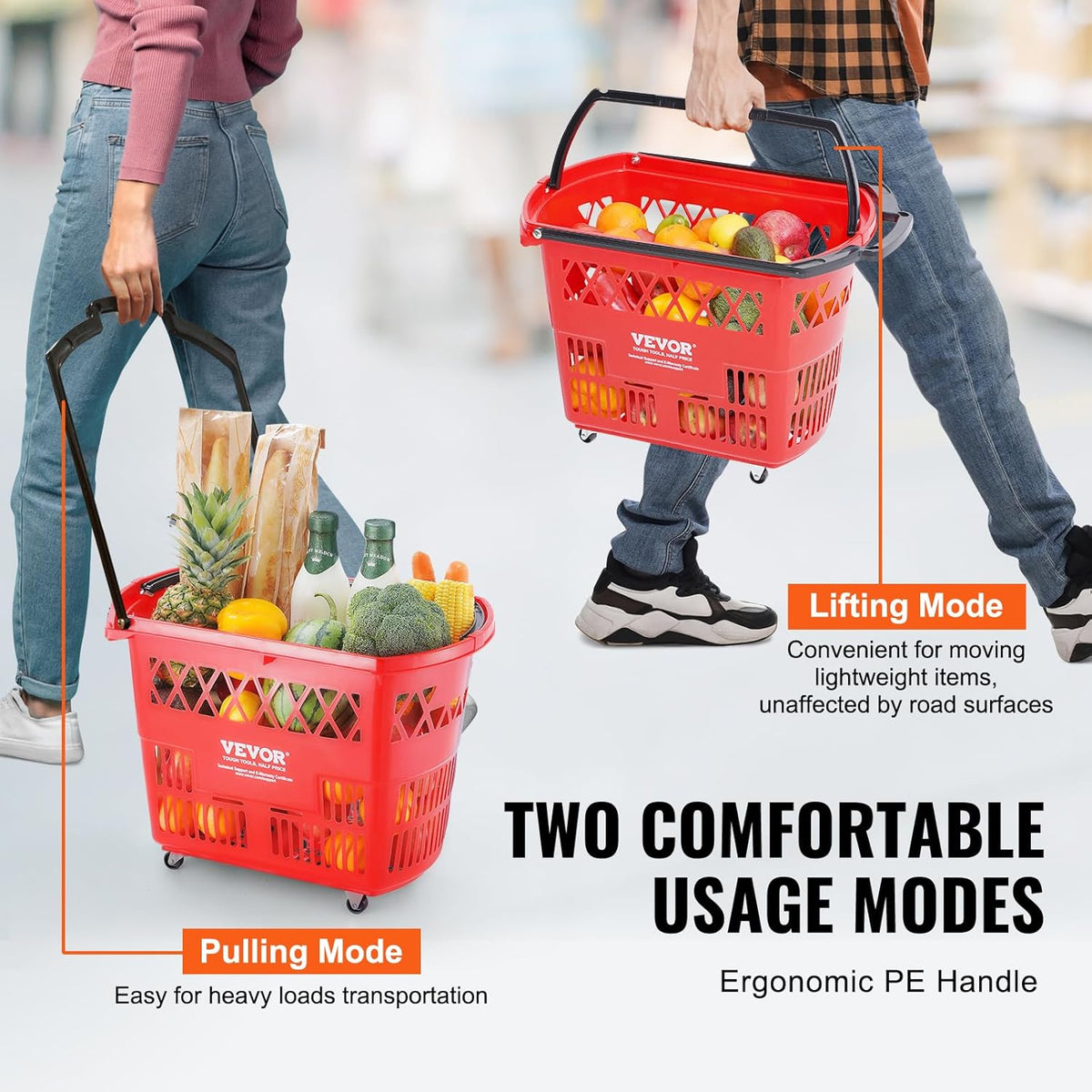 VEVOR Shopping Carts with Handles, 6PCS, 39L Plastic Rolling Shopping Basket with Wheels, Large