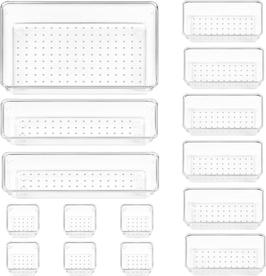 Vtopmart 15 PCS Clear Plastic Drawer Organizers Set, 4-Size Versatile Bathroom and Vanity Organizer