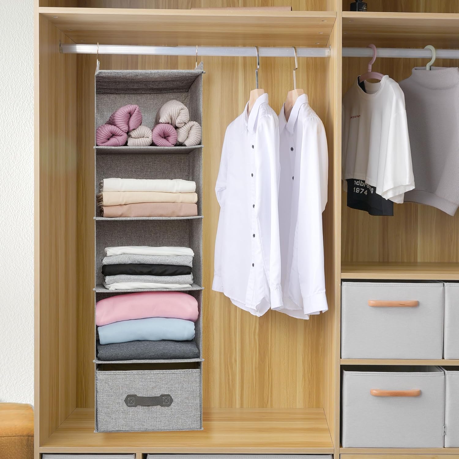 Large Hanging Sweater Organizer for Closet,Collapsible 6-Shelf Hanging Closet Shelves with Drawers
