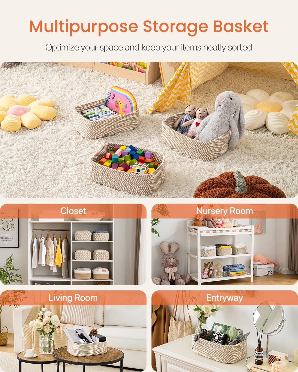 Small Woven Basket, 12 x 8 x 4.5 Inches, Storage Basket for Organizing, Cute Small Rope Shelf